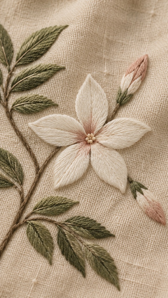 Detail of ivory jasmine petals and a blush centre against sand-coloured cloth