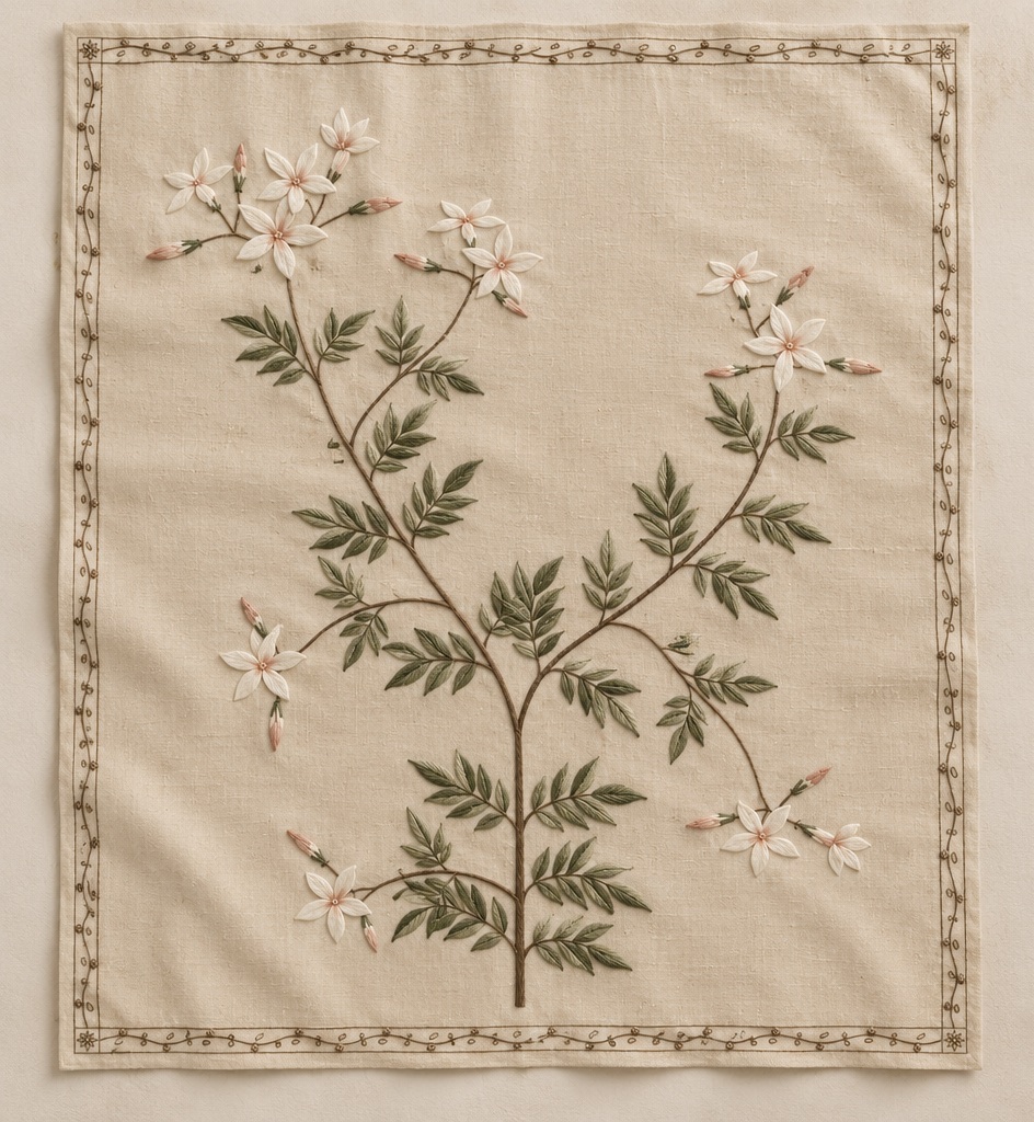 Jasmine scarf in sand with ivory blossoms, olive stems and a fine botanical border